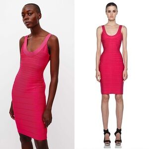 HERVE LEGER Fuchsia Pink‎ Rib Knit Scoop Neck Sleeveless Bodycon Bandage Dress S
